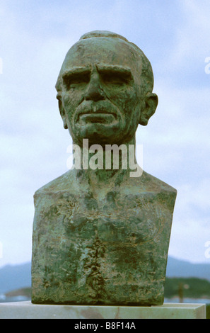 Bust/statue of Greek author/Cretan writer: Nikos Kazantzakis in Stoupa village, Mani peninsula, Peloponnese,  Greece. Stock Photo