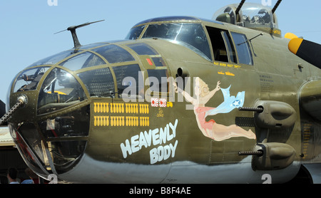North American B-25 Mitchell twin-engined medium bomber with Nose art 'Heavenly Body' prepares to take-off. Stock Photo