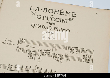 An old sheet music of La Boheme opera by Giacomo Puccini composer Stock Photo