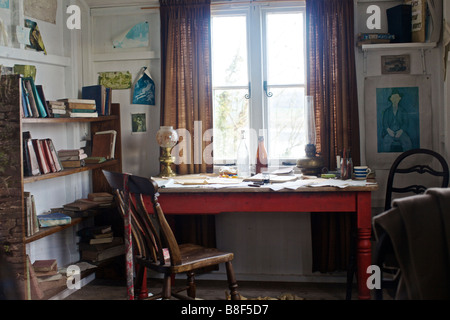 Inside of Dylan Thomas writing shed overlooking the Taf estuary at Laugharne in Carmarthenshire Wales Stock Photo