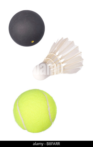 Full isolated balls from tennis squash and badminton shuttlecock Stock Photo