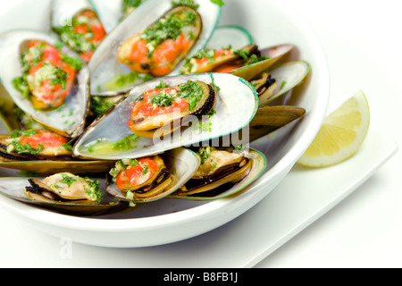 Freshly cooked Green Lipped Mussels (Green Shell Mussels) from New Zealand. Served with Garlic Herb Butter. Stock Photo