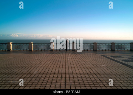 A young woman looks out across the English Channel, from the Lees Cliff Pavilion, Folkestone. Stock Photo