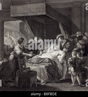 Print of the 1781 painting 'The Death of Leonardo da Vinci' by French artist Francois-Guillaume Menageot (1744 - 1816). Stock Photo