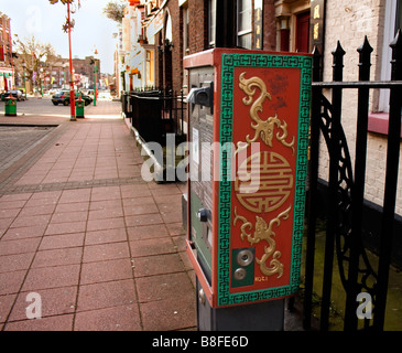 Parking meter decorated with Chinese emblems in the Chinatown district of Liverpool UK Stock Photo
