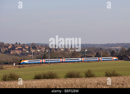 East Midlands Trains class 222 Meridian DMU heading north along the Midland mainline at East Hyde near Harpenden Stock Photo