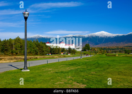 The Mount Washington Resort hotel with snow on Mount Washington in Bretton Woods New Hampshire USA Stock Photo