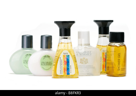 Hotel toiletries shampoo hair body products cosmetic flacon bathing beauty conditioner gel lotion product products shower shower Stock Photo