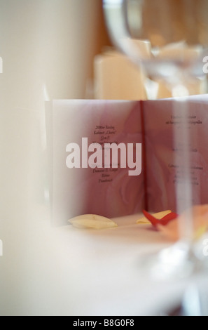Menu Card on a Table with Rose Petals on it - Decoration - Party - Wedding Stock Photo