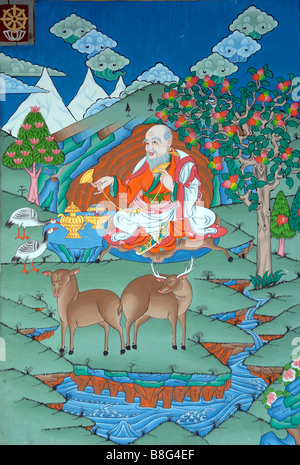 A painting in traditional Bhutanese style of a benevolent contemplative sage and symbols of longevity. Stock Photo