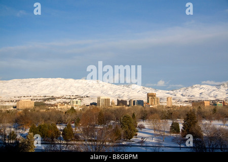 Snow covered foothills and downtown Boise Idaho USA Stock Photo