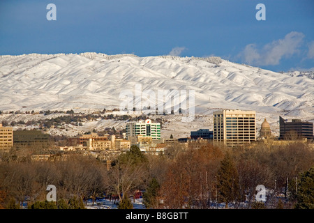 Snow covered foothills and downtown Boise Idaho USA Stock Photo