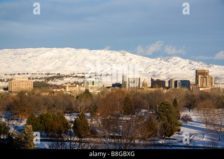 Snow covered foothills and downtown Boise Idaho USA Stock Photo