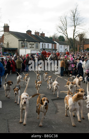 Horses and hounds of the Fernie Hunt at the traditional meet on Boxing Day Great Bowden Leicestershire, England Stock Photo