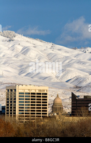 Snow covered foothills and downtown Boise Idaho USA Stock Photo