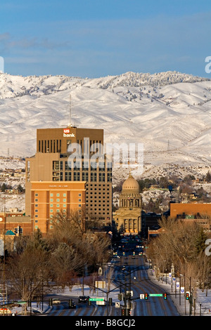 Snow covered foothills and downtown Boise Idaho USA Stock Photo