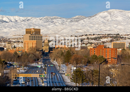 Snow covered foothills and downtown Boise Idaho USA Stock Photo