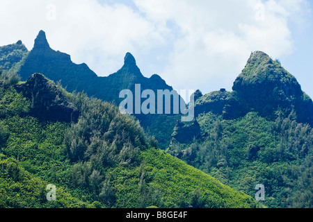 The rugged and steep Na Pali coast as seen from Ke e Beach on North Kauai Hawaii Stock Photo