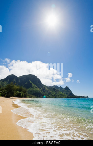 View of Haena Beach looking southwest at the Na Pali Coast Kauai Hawaii Stock Photo