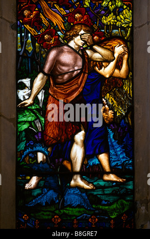 Stained glass window of Adam and Eve at the medieval cathedral of ...