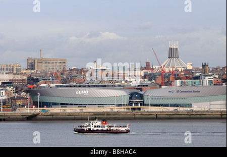 Echo Arena and BT Convention Centre, with Metropolitan Cathedral in background and Mersey Ferry in foreground, Liverpool. Stock Photo