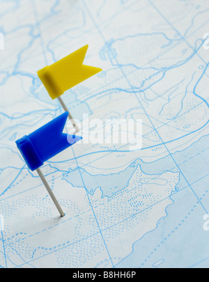 Flag a pin A label on a planimetric map Stock Photo