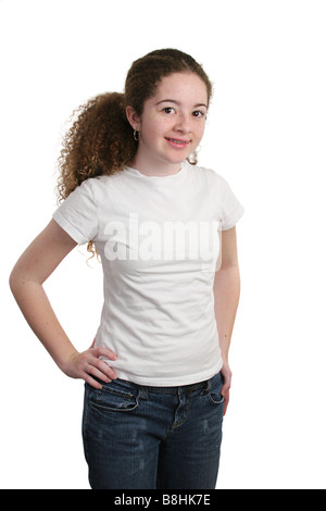 A teen wearing a white t shirt ready for a logo application Isolated Stock Photo