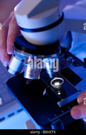 Close up studio shot of a medical or scientific researcher using a microscope and laptop Stock Photo