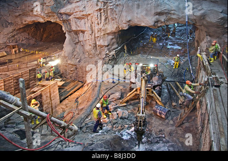 Excavation of underground gallery for hydropower plant in Ecuador which will produce industrial and domestic electricity. Stock Photo
