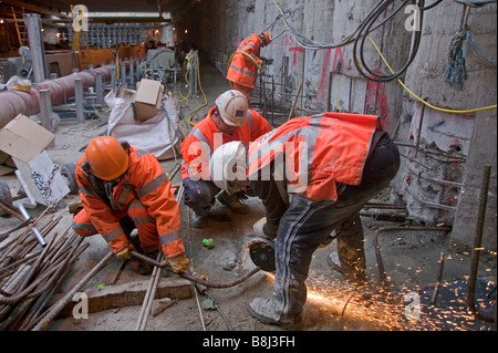 Contractors cutting steel reinforcement following piling operations at the St Pancras station on the Channel Tunnel Rail Link Stock Photo