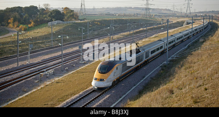 Eurostar speeds through section of the route in North Kent where freight loops have been installed on Channel Tunnel Rail Link. Stock Photo