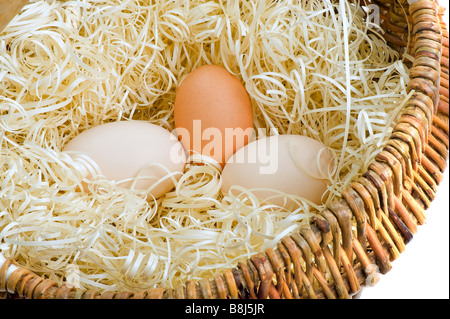 Three fresh eggs in a basket with a straw. Stock Photo