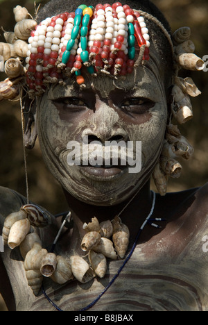 Young girl Mursi Tribe Lower Omo Valley Ethiopia Stock Photo