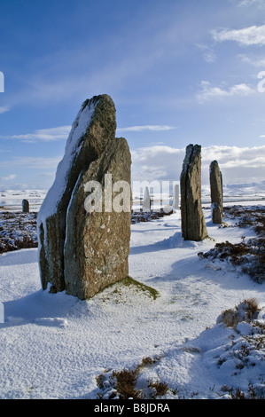 dh Neolithic standing stone RING OF BRODGAR ORKNEY White winter snow weather world heritage site uk stones circle henge sites scotland bronze age era Stock Photo