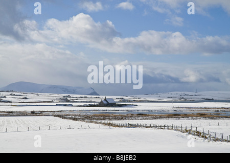 dh  STENNESS ORKNEY Snowscape landscape Loch Stenness church snow winter mainland landscapes Stock Photo