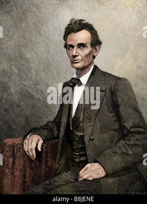 Abraham Lincoln in 1860 two days after his nomination as the Republican candidate for president. Hand-colored woodcut Stock Photo