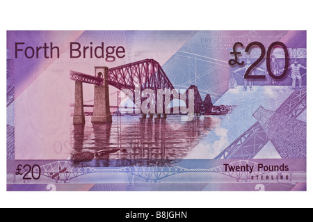 dh Bank of Scotland reverse MONEY SCOTLAND UK Twenty pound banknote Forth bridge back scottish 20 pounds bank note currency notes Stock Photo