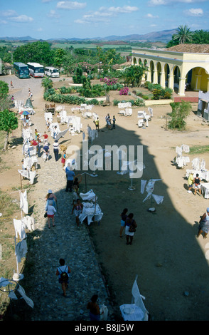 Manaca Iznaga View from tower over market square Stalls people Shadow of tower on ground TRINIDAD CUBA Stock Photo