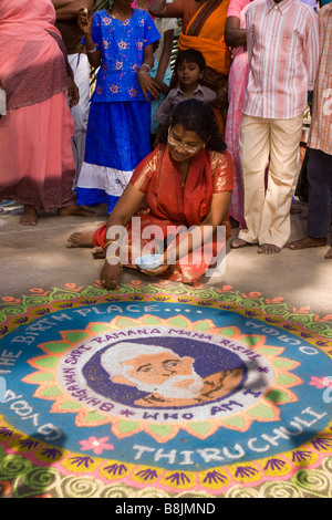 India Tamil Nadu Madurai Thiruchuli Village Pongal celebration Rangoli competitor Stock Photo