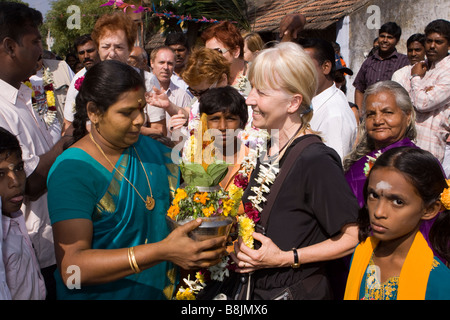 India Tamil Nadu Madurai Thiruchuli Village Pongal celebration villager welcoming tourists Stock Photo