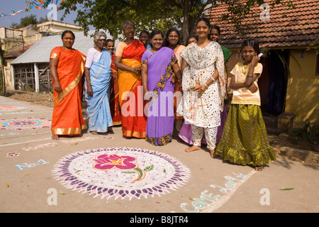 India Tamil Nadu Madurai Thiruchuli Village Pongal celebration Rangoli competitors Stock Photo