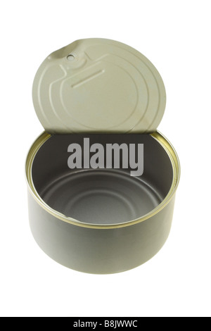 Open empty tin can on white background Stock Photo