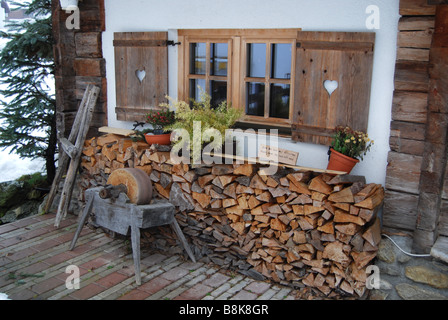 detail of old fashioned Austrian shed in winter Stock Photo