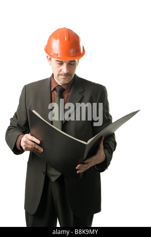An engineer reading documents isolated on white Stock Photo
