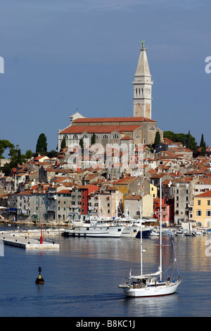 Church of St. Euphemia overlooking the old town of Rovinj and the Adriatic Sea in the Region of Istria in Croatia Stock Photo