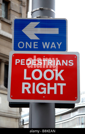 A pair of pedestrian and road street signs outside Sloane Square tube station, London.  Jan 2009 Stock Photo