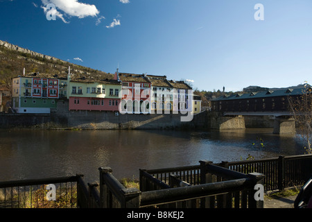 Lovech town, ancient architecture, covered wooden bridge with colorful houses, XIX century, Osam river Stock Photo