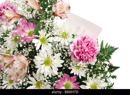 A border of spring flowers with a blank gift card isolated on white Stock Photo