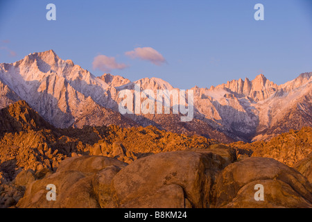 Mt Whitney Lone Pine Peak and the Alabama Hills at dawn after an autumn snow storm Sierra Nevada Mountains California Stock Photo