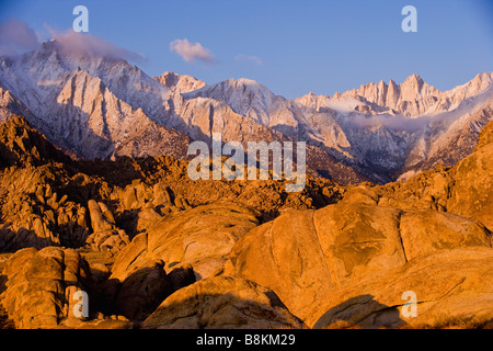 Mt Whitney Lone Pine Peak and the Alabama Hills at dawn after an autumn snow storm Sierra Nevada Mountains California Stock Photo